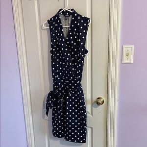 Chaps Navy with White Polka Dot Sleeveless Wrap Midi Dress